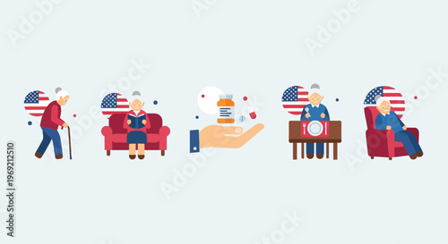 Senior Daily Routine Icons Background Older Americans Month Flat Vector Pattern