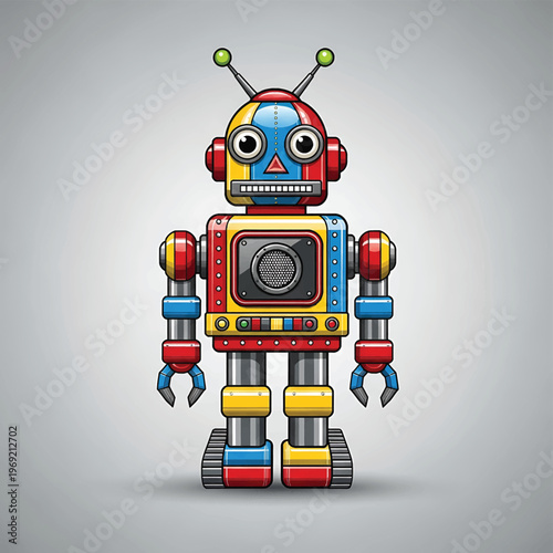 Colorful robot with headphones on.