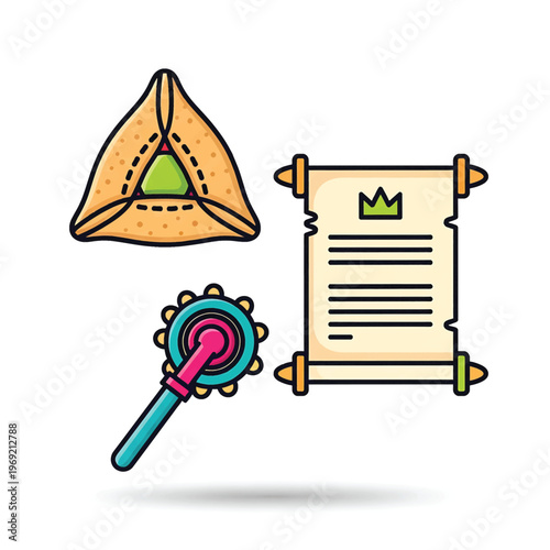 Colorful toy rattle and scroll.