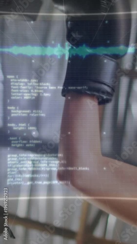 Vertical video: Glove entering frame activating AR coach holding mitt boxer punching for training