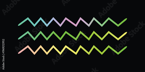 Three colorful zigzag lines, each with a unique gradient of hues, are arranged horizontally, representing energy, rhythm, or variability against a dark background.