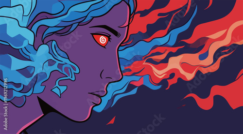 Stylized portrait of a person with colorful hair and intense expression showing vibrant elements of fire and smoke
