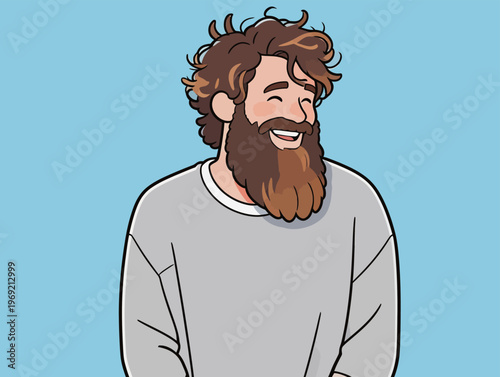 Young man smiles while wearing a casual gray sweatshirt against a light blue background during a fun and relaxed moment