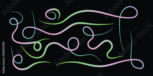 Abstract collection of flowing colored lines on black background, dynamic graceful curves, soft gradient colors, modern artistic design elements, visual art.