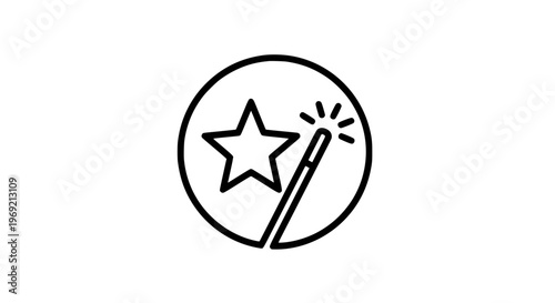 Clean and modern icon featuring a sparkling magic wand alongside a stylized star, symbolizing dreams, wishes, achievement, success, and the enchanting power of imagination and possibilities