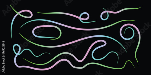 Abstract collection of flowing colored lines on black background, dynamic graceful curves, soft gradient colors, modern artistic design elements, visual art.