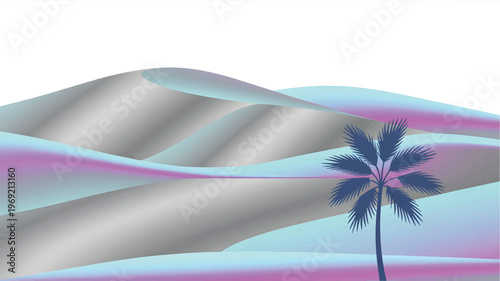Stylized desert dunes with a palm tree silhouette and pastel gradient sand