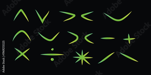 A vibrant collection of green and yellow gradient mathematical symbols and design elements on a sleek black background, perfect for modern graphic projects and educational content.