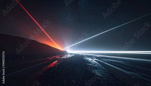 Abstract Light Trails on Dark Road at Night.