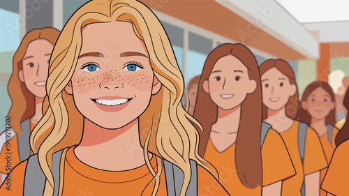 Group of students walking together in a school hallway during the school day in a bright setting