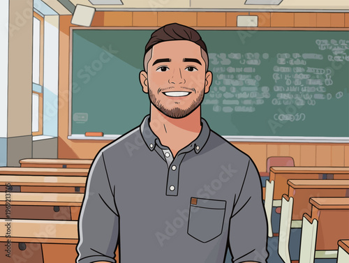 Teacher stands in classroom with smiling face, ready for students and looking to engage in learning activities before the lesson begins