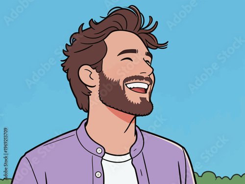 Man laughs while enjoying a sunny day outdoors with clear blue sky and green trees visible in background