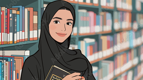 Student reading a book in a library with shelves full of books during the day