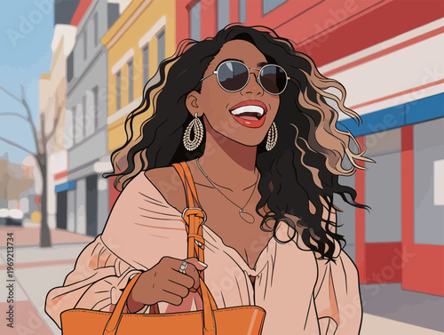Woman walks down the street smiling while carrying an orange bag on a sunny day in the city