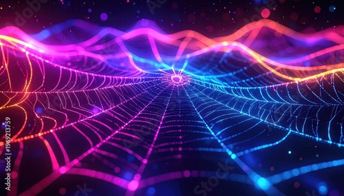 Abstract Neon Spider Web Network with Glowing Lines and Particles.
