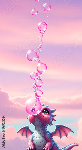 A cute little fantasy baby dragon breathing magical floating pink bubbles into the evening sky for a whimsical childhood dream concept that represents joy playfulness and imagination for kids