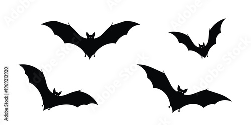 Flying bats silhouettes set for halloween decoration spooky animal shapes in motion nocturnal creatures vector illustration collection for dark theme party invitations and gothic designs.