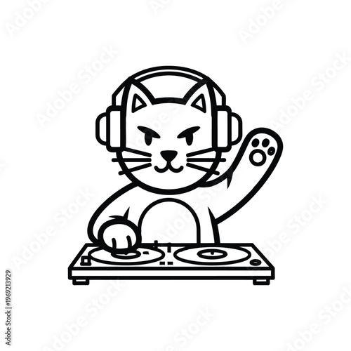 Cartoon cat dj playing music on turntable deck wearing headphones with paw raised fun feline character line art vector illustration for musical entertainment and pet lover creative design.