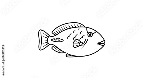 Charming minimalist black and white line art illustration of a tropical reef fish outline