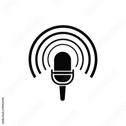 Microphone icon with audio waves representing broadcasting podcasting radio recording studio equipment black silhouette vector graphic design element for music and communication technology.