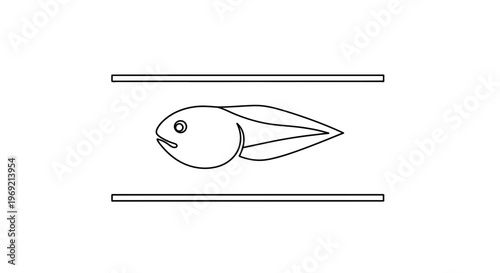 Simple black and white line art illustration of a tiny tadpole swimming between parallel lines