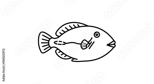 Minimalist black outline drawing of a cheerful aquatic fish creature swimming peacefully