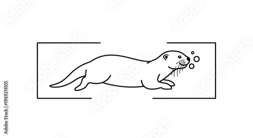 Minimalist black line art illustration of a cheerful otter swimming with bubbles in water