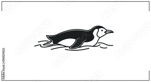 Minimalist black and white vector illustration of a charming penguin swimming gracefully
