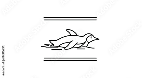 Minimalist black outline drawing of an antarctic penguin swiftly sliding across a white surface,