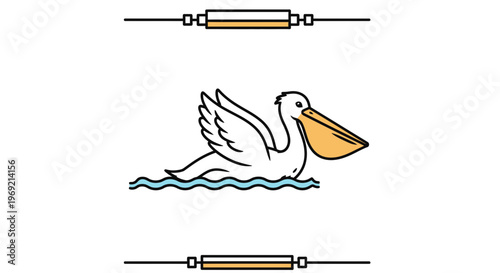 A charming graphic illustration of a pelican gracefully floating on tranquil blue water minimalist