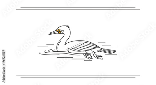 Elegant linear graphic depicting an aquatic bird gracefully gliding on the water surface