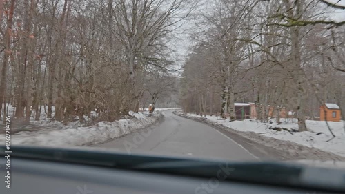Driving through a snowy winter forest road