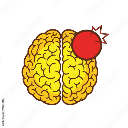 Illustration of a human brain with a red pain or injury indicator vector