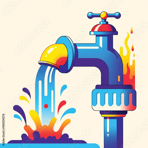 Colorful Water Faucet With Splashing Water.