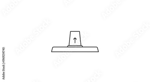 Iconic linear representation of an upward pointing arrow set on a broad flat base indicating rise