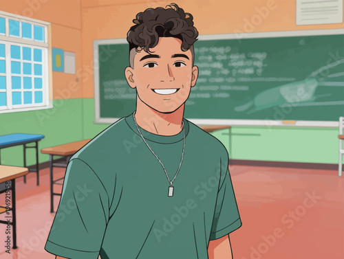 Smiling boy stands in classroom with green walls and desks during school day