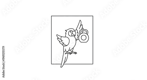 Funny Parrot Holding Kettlebell, Fitness and Healthy Lifestyle Concept