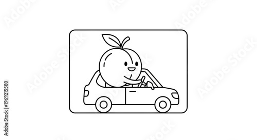 Funny peach character driving a car, cartoon style, black and white line art, vector illustration