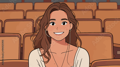 Young woman sitting in empty theater smiling while wearing headphones during daytime