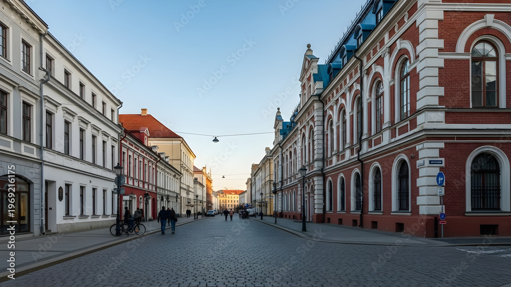 Fototapeta premium People walk on a cobblestone street lined with historic buildings at sunset