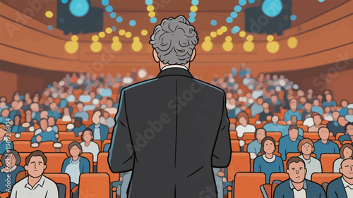 Speaker presents to a large audience in a conference hall during a business event in the afternoon time