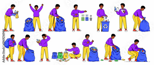 Diverse Male Characters Collecting and Sorting Garbage for Recycling, Sustainability and Environmental Protection Concept Illustration