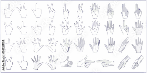 Collection of hand gestures various poses depicted in outline drawings