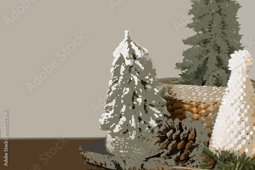 A festive gingerbread village scene with snow covered rooftops and trees