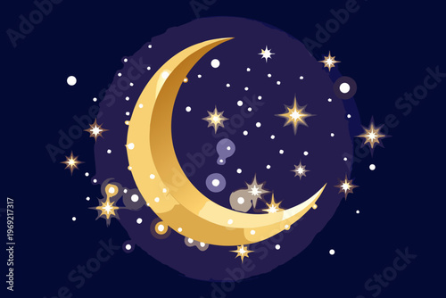 A golden crescent moon shines brightly amidst a starry night sky