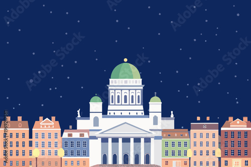 Stylized illustration of a cathedral against a dark starry night sky