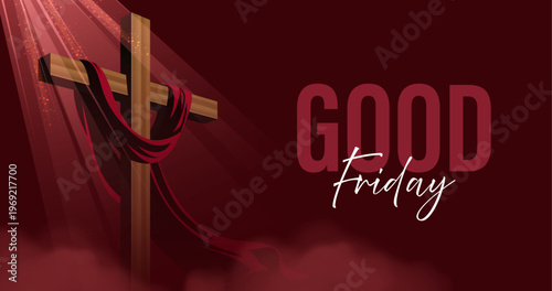 Good Friday illustration featuring a glowing wooden cross draped with purple cloth on a deep red background, paired with elegant typography and a solemn, sacred mood for Christian worship designs art.