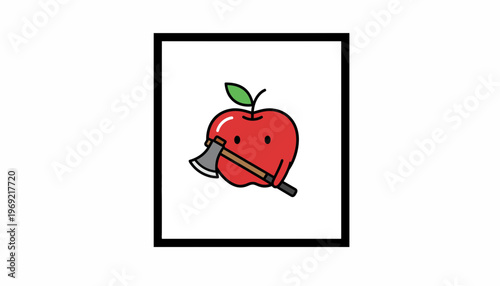 Funny Cartoon Apple with Axe, Concept of Healthy Food Danger or Healthy Lifestyle Choice