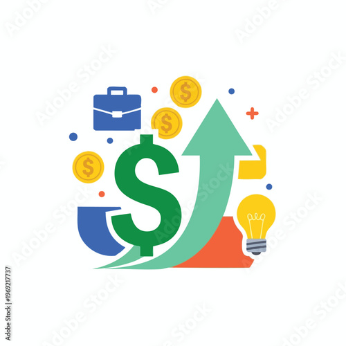 Green arrow and dollar sign point upward surrounded by business and financial elements