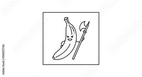 Funny Banana Warrior Holding Axe, Cartoon Character, Illustration